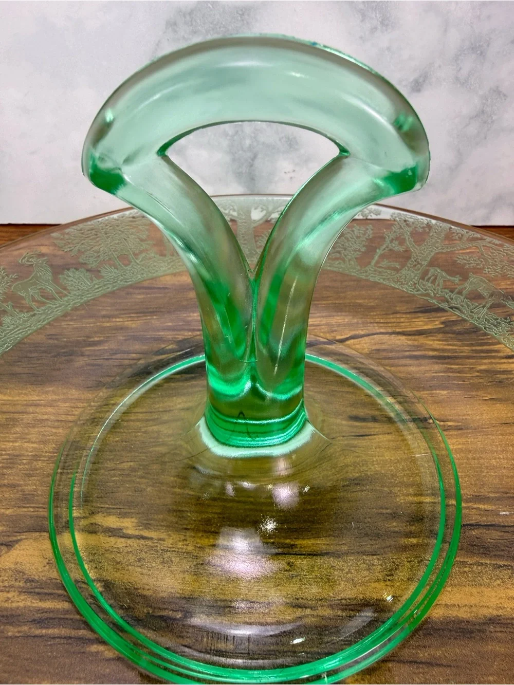Vintage Tiffin Deerwood Uranium Glass Center Handle Tidbit Tray Etched Deer